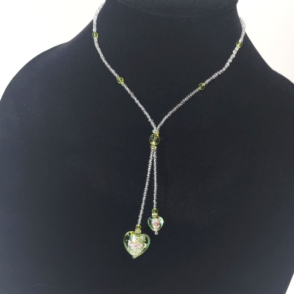 Rare! Vintage Glass Bead Heart Pendant Choker Necklace